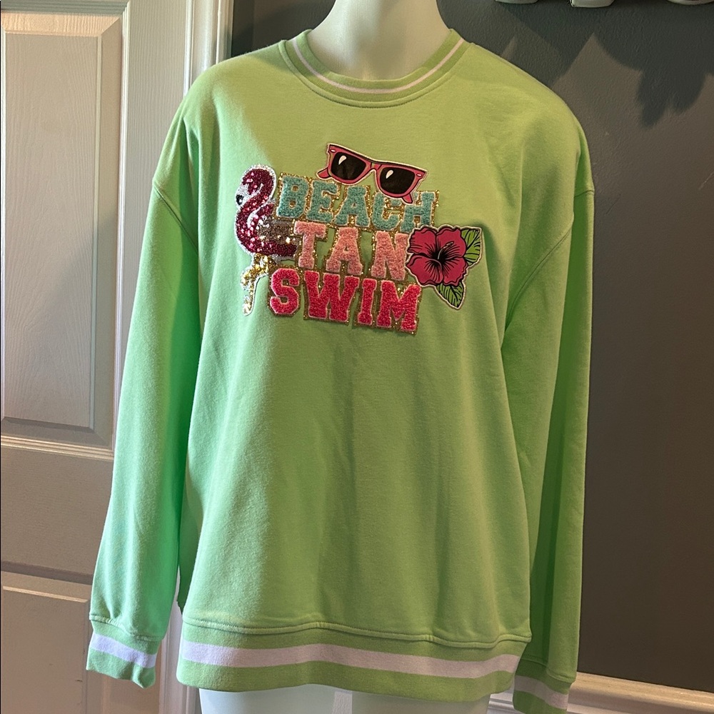 Simply Southern Green Sweatshirt with Pink Flamingo Design